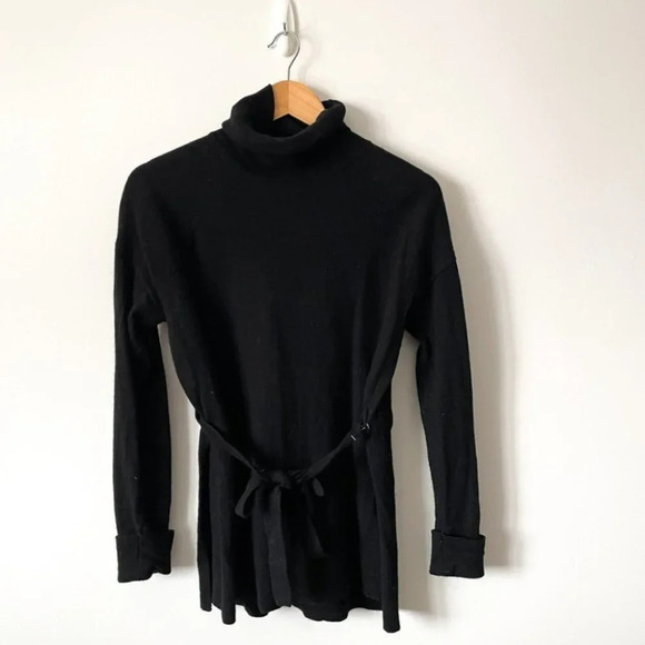 Tahari 100% Extra Fine Merino Wool Turtleneck Tie Sweater w/ Slit Black Medium - Picture 1 of 4